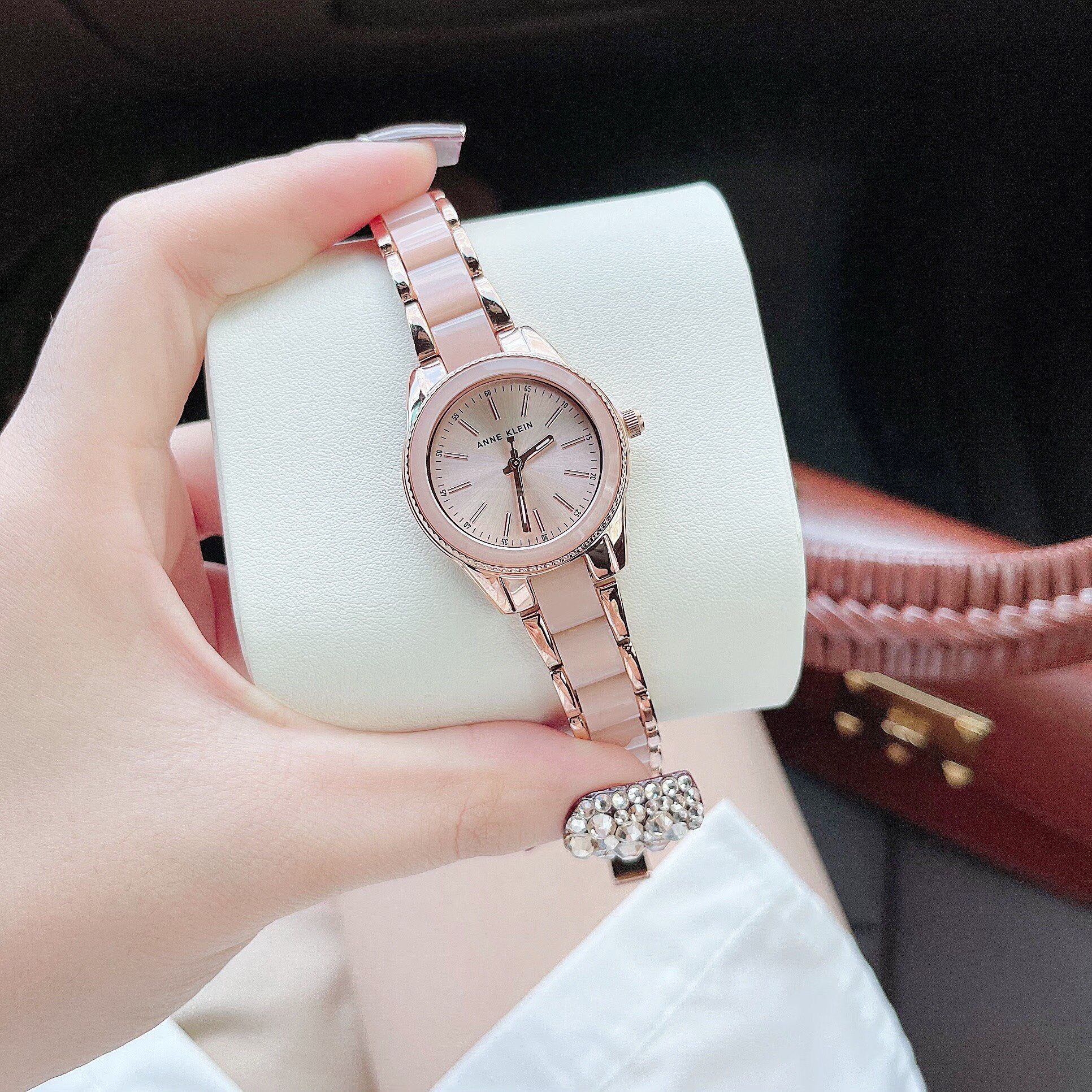 Đồng hồ Anne Klein dây ceramic hồng chính hãng fullbox