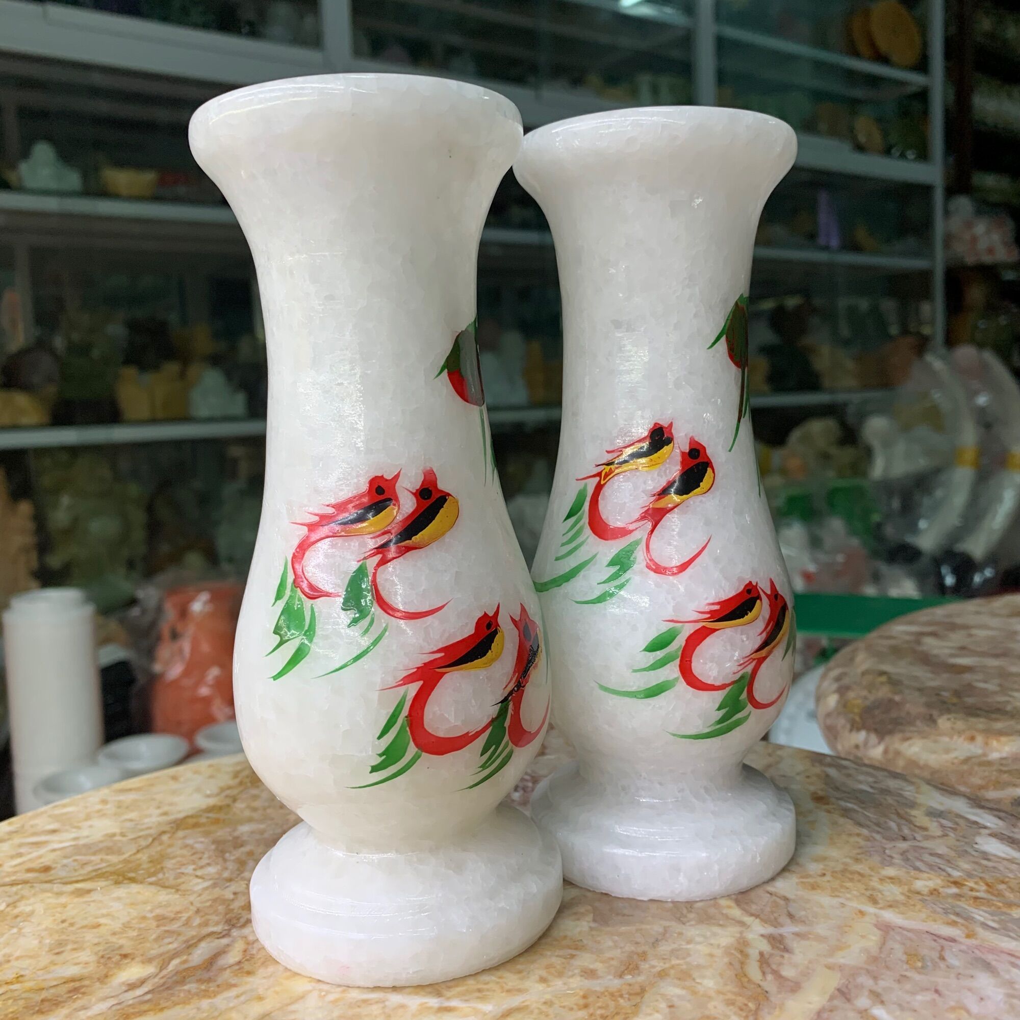 Cặp Bình Vẽ Chim Đá Cẩm Thạch Trắng - cao 18.5cm