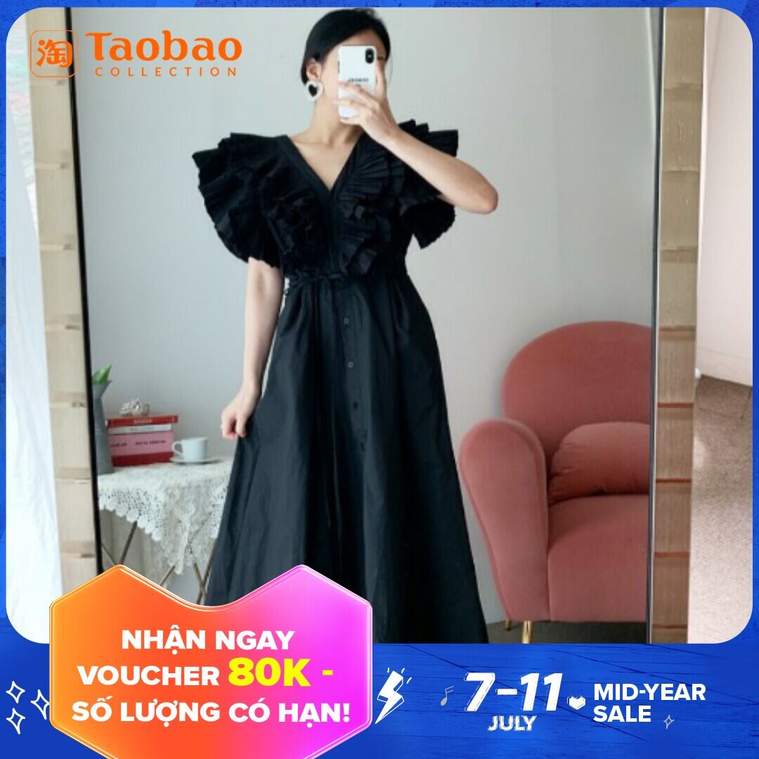 Hàn Quốc Chic Kiểu Pháp Trang Nhã Cổ Chữ V Khuy Một Hàng Công Nghiệp Nặng Xếp Li Viền Lá Sen Buộc Dây Bó Eo Lớn Mẫu Đầm