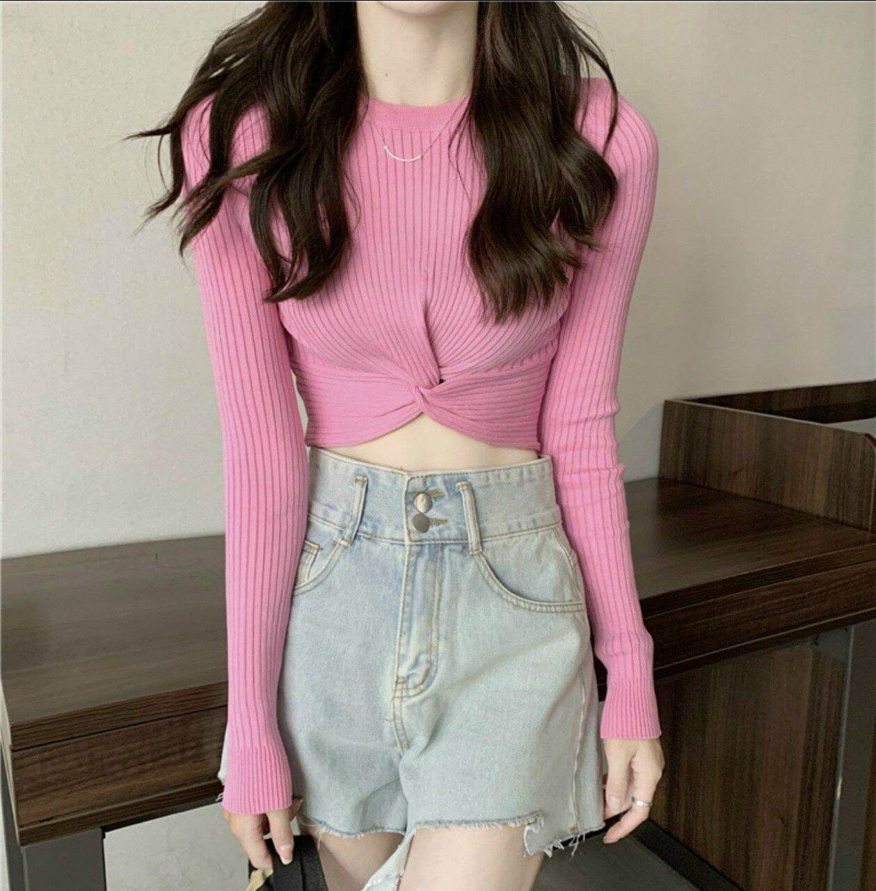 ÁO THUN NỮ TAY DÀI EO CHÉO ÁO CROPTOP FORM DƯỚI 47KG(C)