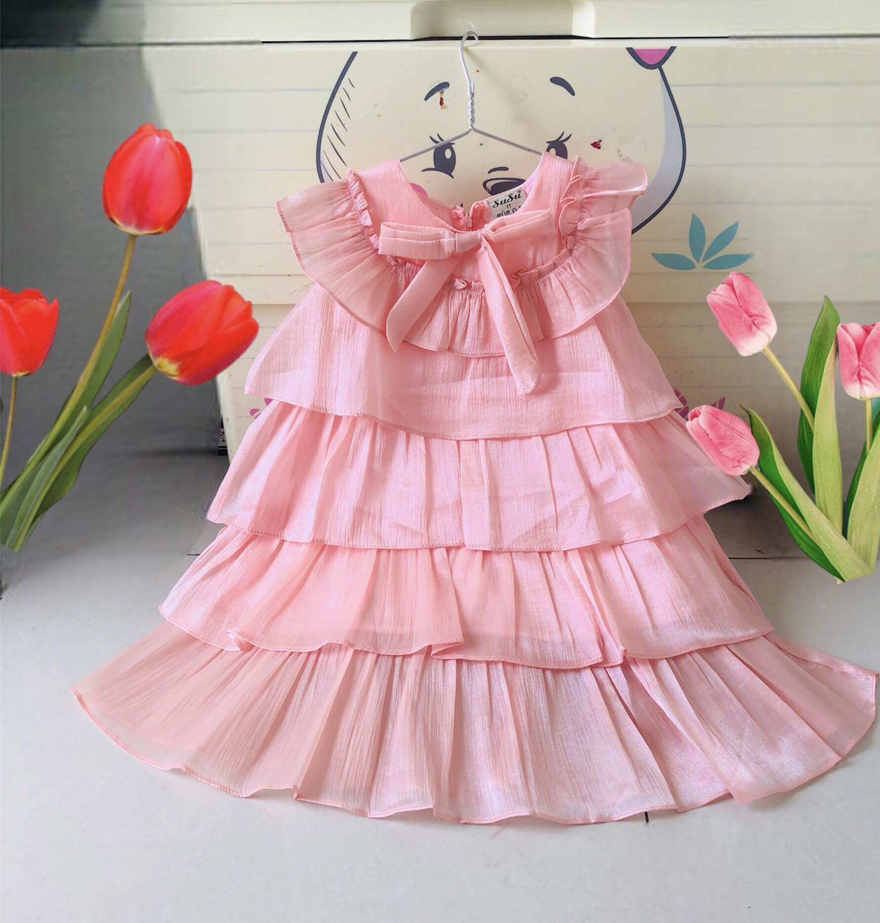 Đầm công chúa bé gái 3 tầng chất liệu tơ ánh kim form xoè cho bé đi tiệc, biểu diễn