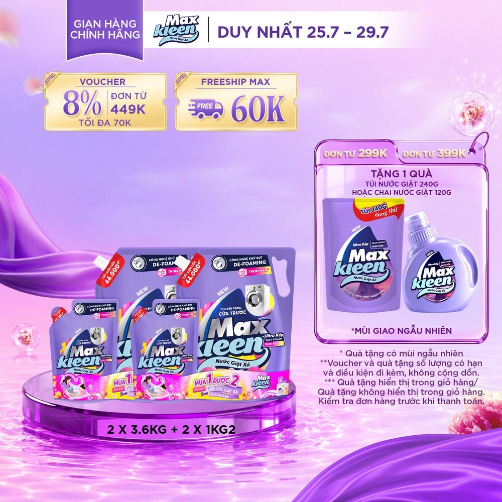 [Tặng kèm 2 túi nước giặt xả 1kg2 ngẫu nhiên] Combo 2 túi Nước giặt xả cho máy giặt MaxKleen hương Hoa nắng/ Huyền Diệu/ Dấu ấn ngọt ngào 3.8/3.6kg
