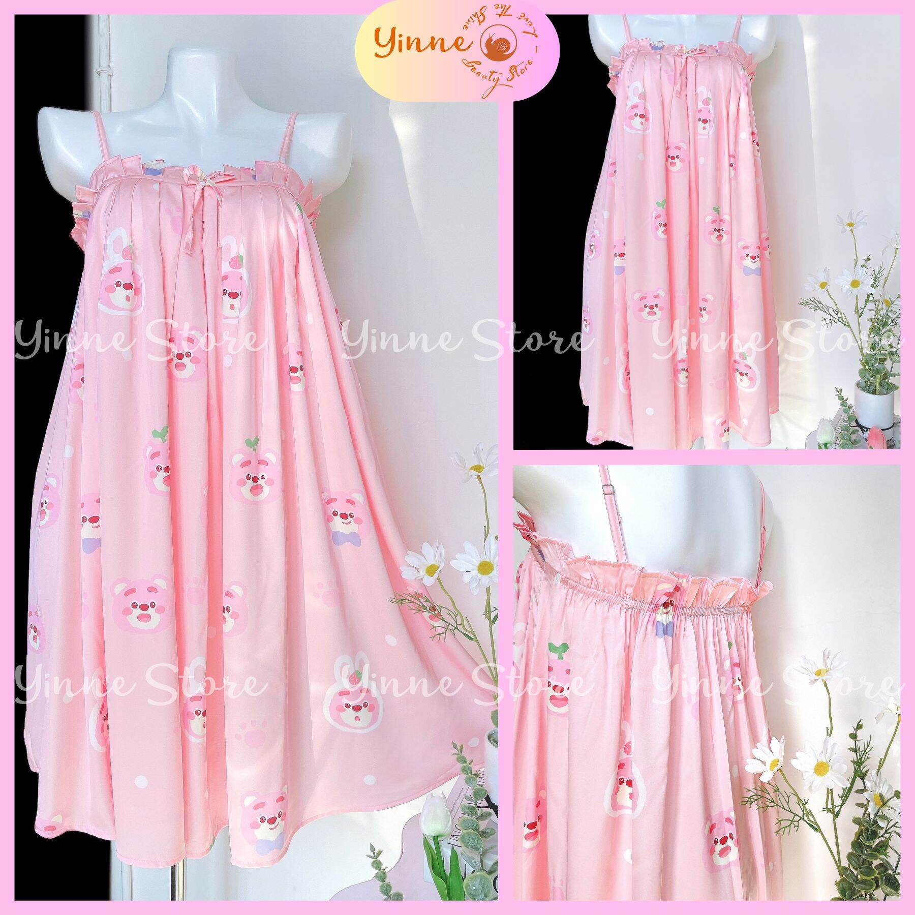 °Latin Tơ Tằm° Váy ngủ 2 Dây Tăng đơ Xếp ly, Đầm mặc nhà Lụa Thiết Kế in 5D họa tiết hoạt hình dễ thương sang