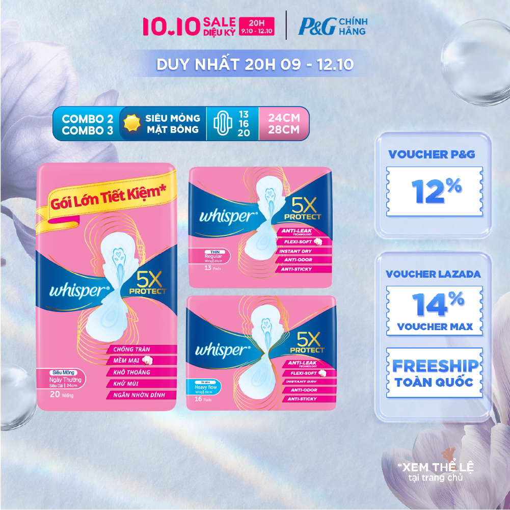 [Voucher 12%] Combo Băng Vệ Sinh WHISPER 5X Bảo Vệ Mặt Bông Siêu Mỏng Cho Ngày Thường Khô Thoáng Có Cánh 24cm/ 28cm 13 Miếng/ 20 Miếng/ 16 Miếng