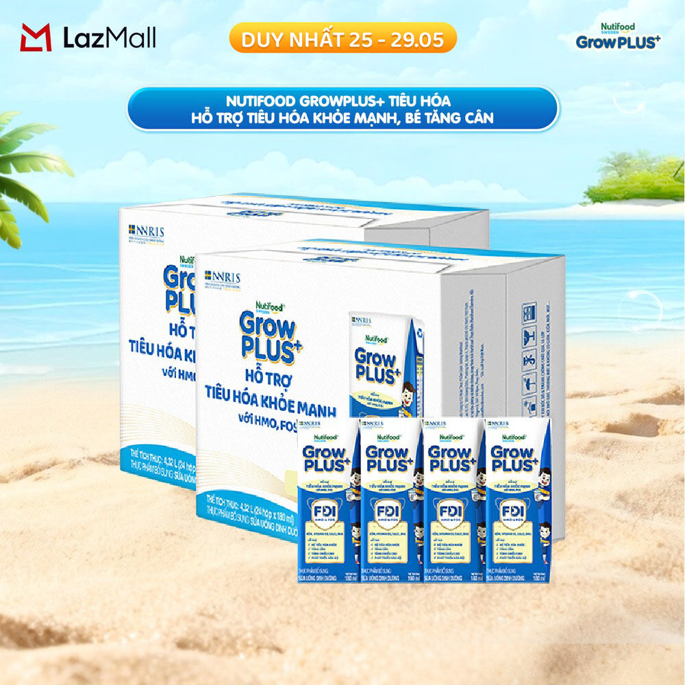 Sữa bột pha sẵn Nutifood Sweden GrowPLUS+ Tiêu Hóa (Xanh Nhạt) - Hỗ trợ tiêu hóa khỏe mạnh, bé tăng cân (48 hộp x 180ml)