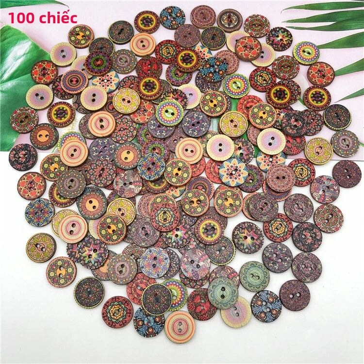 Nút Gỗ In Hoa Văn Nhiều Mẫu Mã 50/100 Chiếc Tròn 2 Lỗ Dùng Trang Trí Làm Khuy Măng Sét Thủ Công DIY Nút Gỗ Sơn