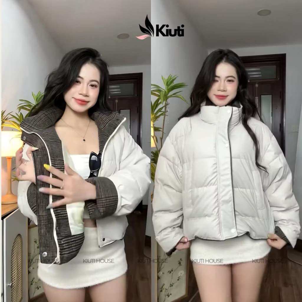 Áo Khoác Phao Nữ Ngắn Phối Kẻ Caro Hàn Quốc – Áo Phao Nữ Giữ Nhiệt, Tôn Dáng Mùa Đông Form Boxy