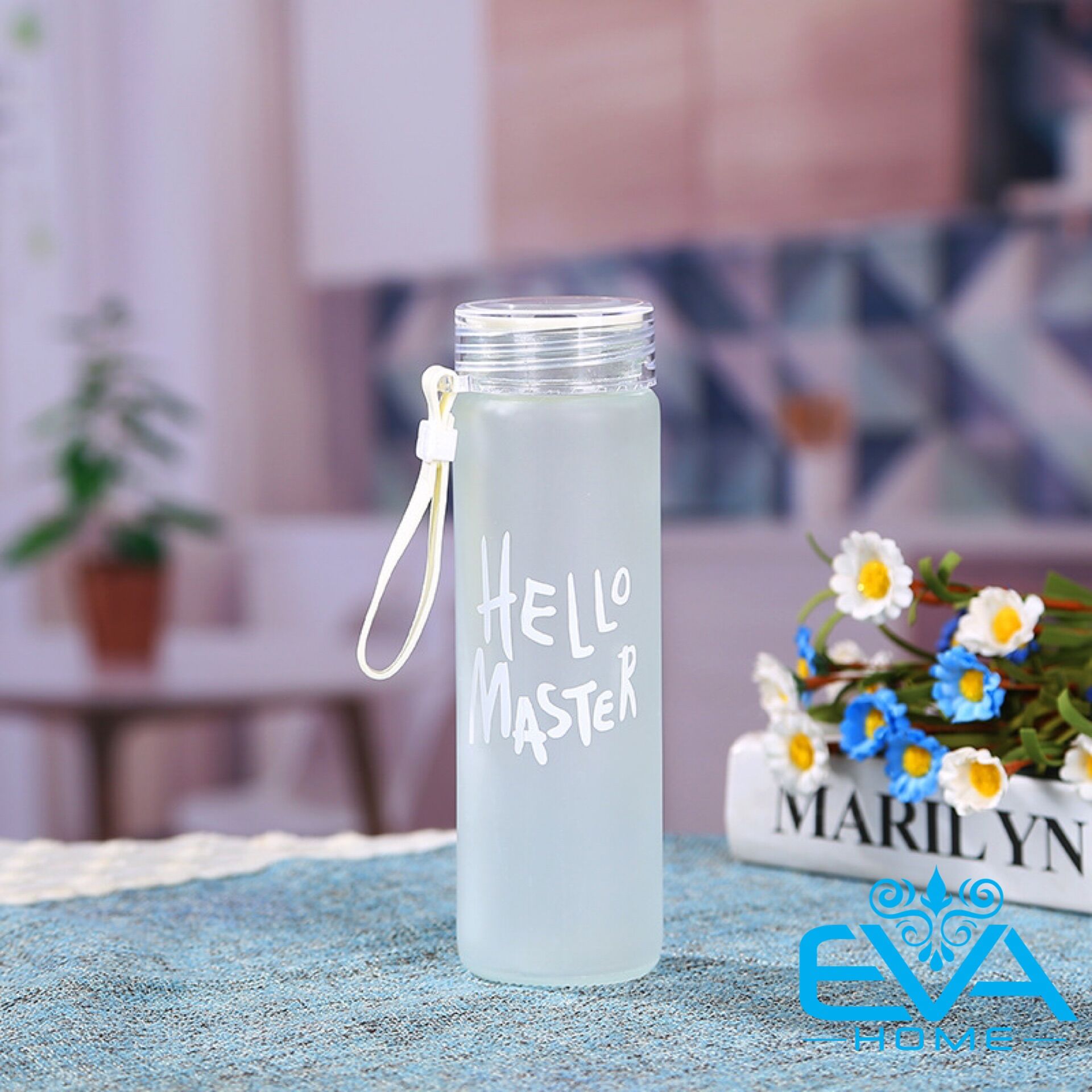 [HCM]Bình Nước Thủy Tinh In Chữ Hello Master 480ML có dây xách