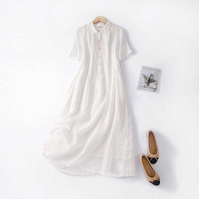 Váy liền tay ngắn cotton lanh đơn hàng xuất dư ngoại thương nhặt hàng tồn kho xả kho váy sơ mi chữ a vải lanh cổ búp bê tôn dáng gầy chít eo cho nữ