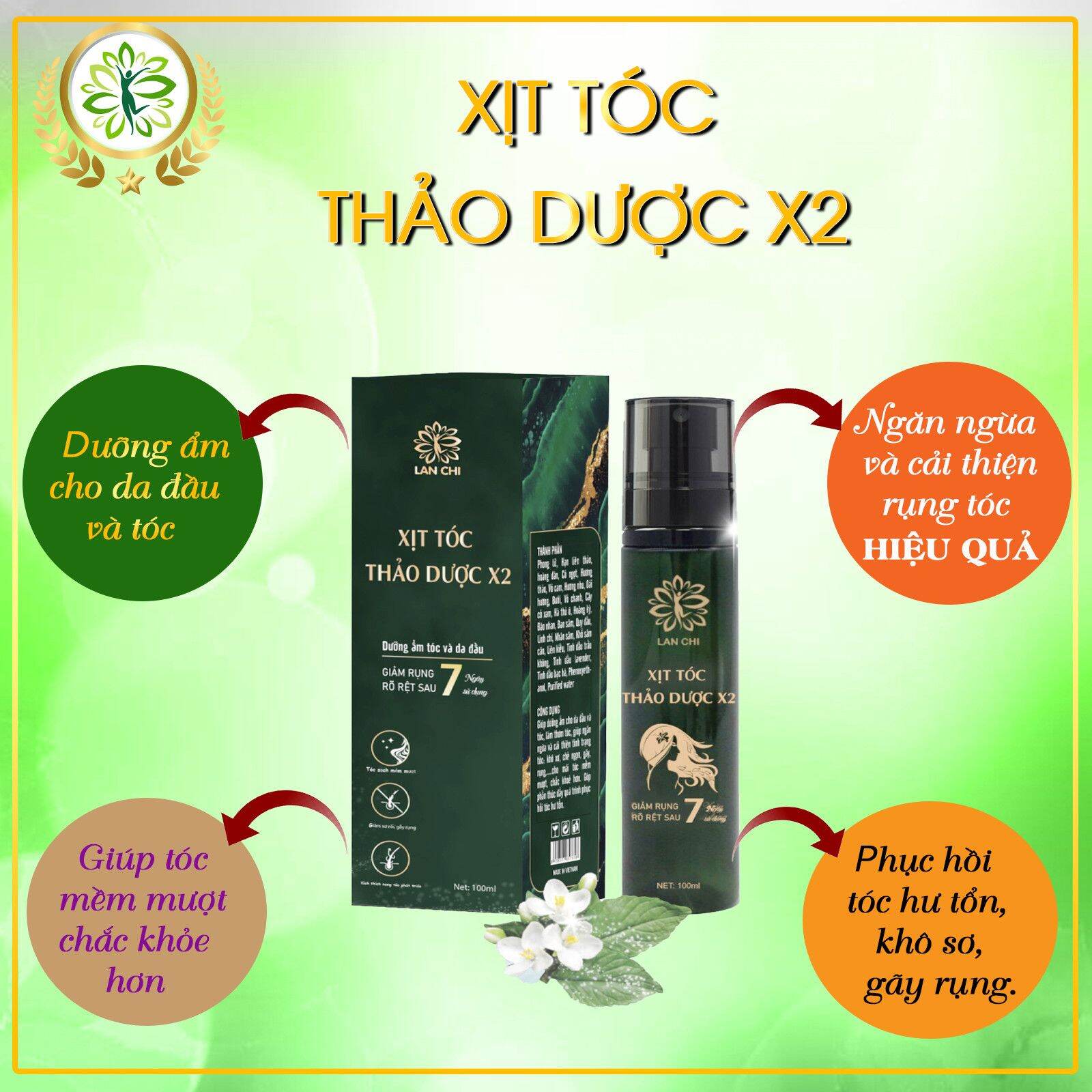 Xịt tóc thảo dược Lan chi cải thiện tình trạng tóc khô xơ, gãy rụng, tóc thưa hói cho mái tóc khỏe, dày mượt, óng ả, bồng bềnh