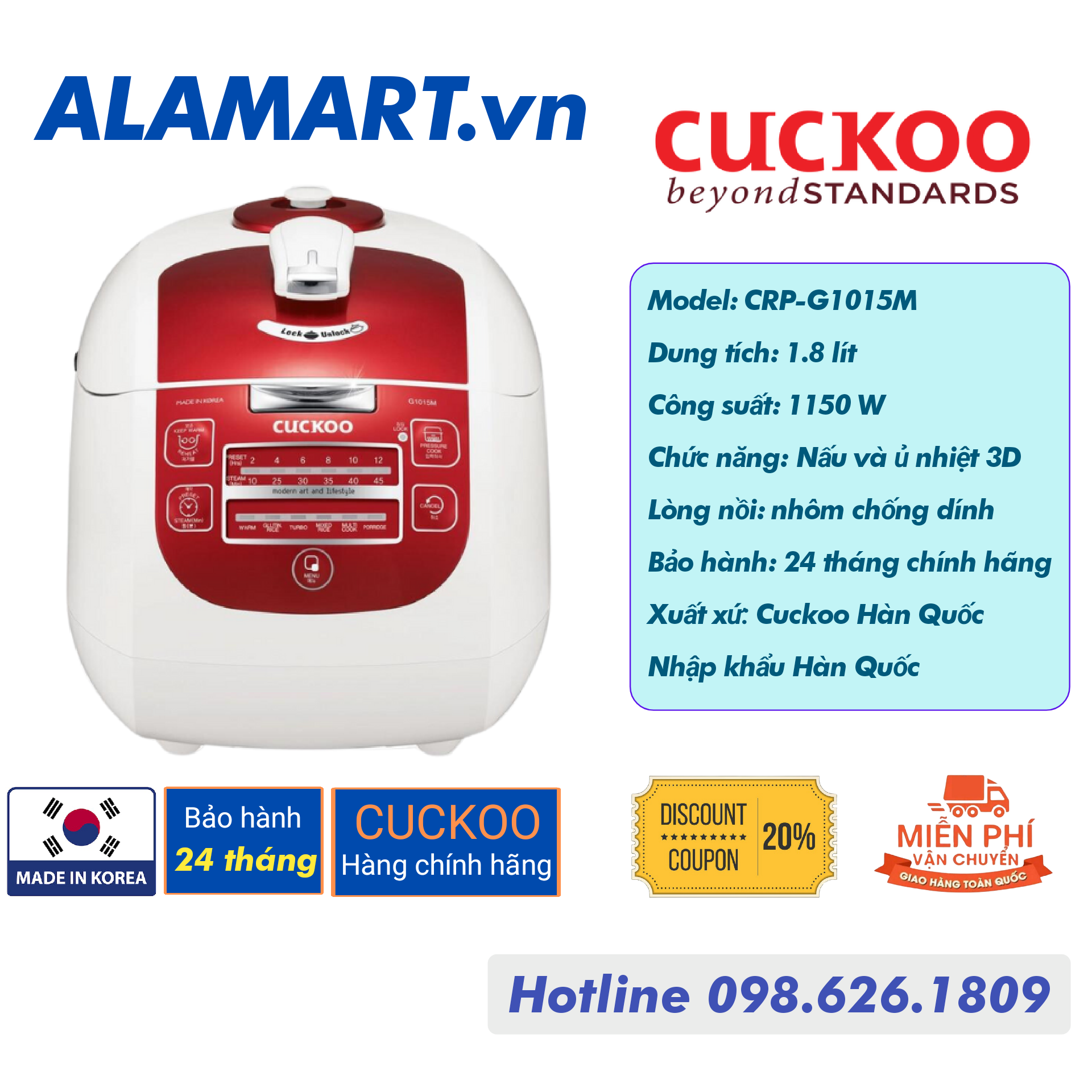 Nồi cơm áp suất điện tử cuckoo crp-g1015m đỏ made in korea 1,8 lít