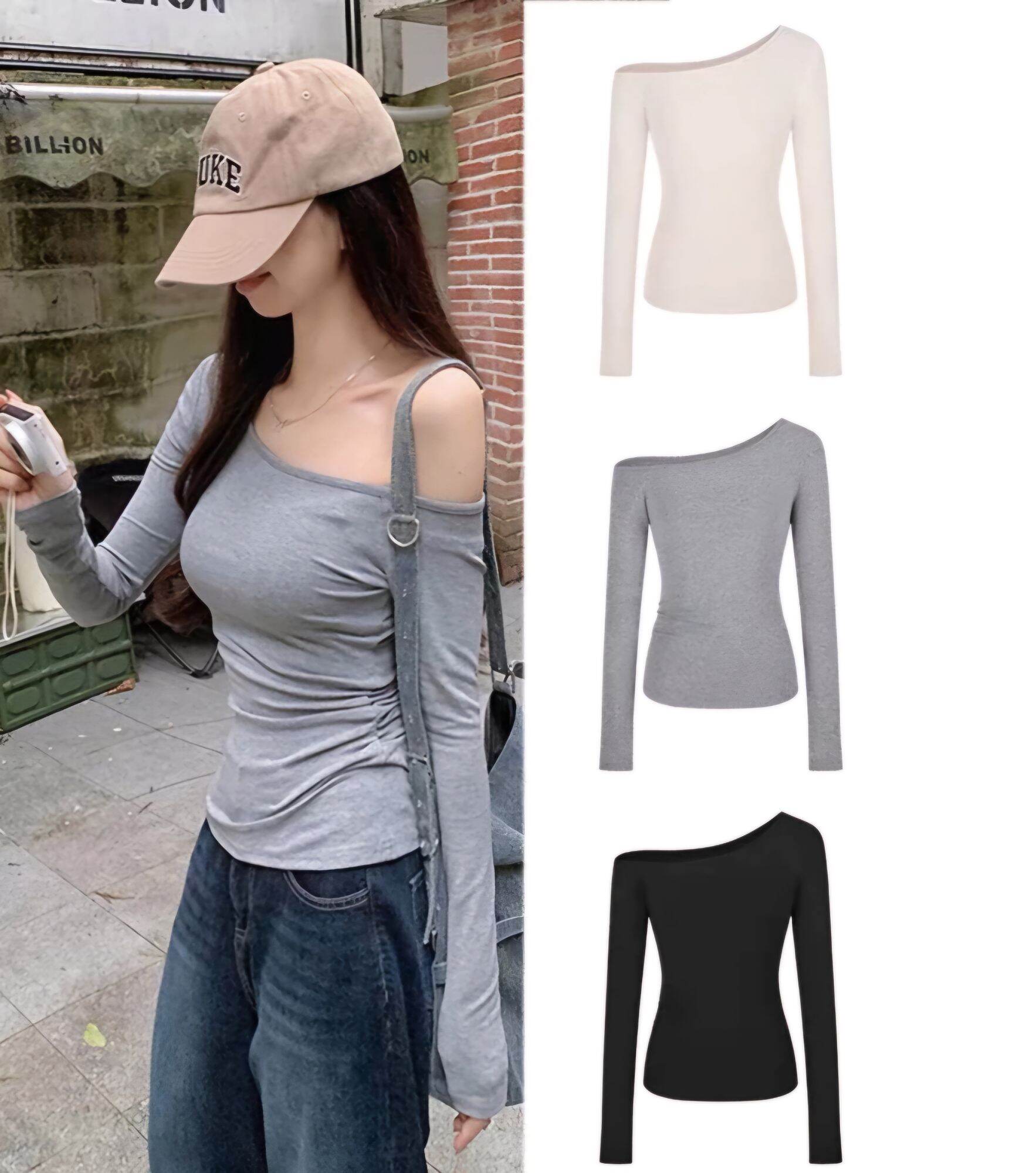 Áo thun trễ vai một bên tay dài,chất lụa xịn áo cổ lệch vai, tôn dáng Nữ Women Top Ong A126