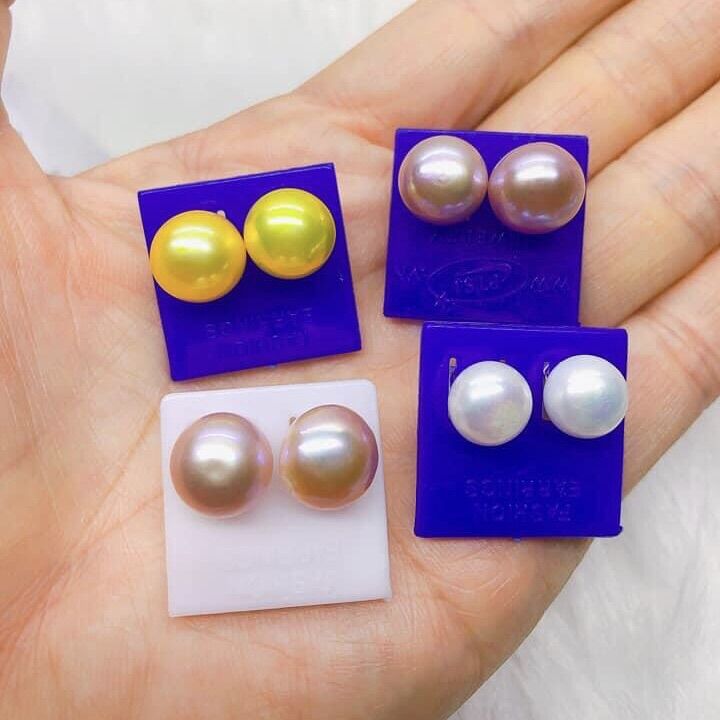 Bông tai nụ ngọc trai nuôi nước ngọt [7-8ly] có màu Trắng, Cam, Hồng, Xanh đen, Vàng, Xám chui bằng BẠC - BẢO NGỌC SOUVENIR