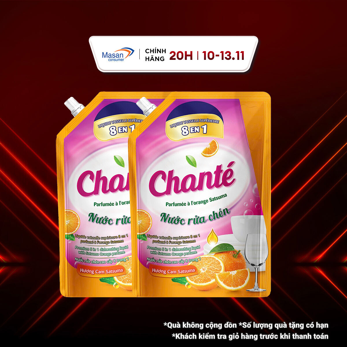 [11.11-13.11 Voucher 18% CHO ĐƠN TỪ 199K][Chọn mùi]Combo 2 Nước rửa chén Chanté túi x 3.2kg
