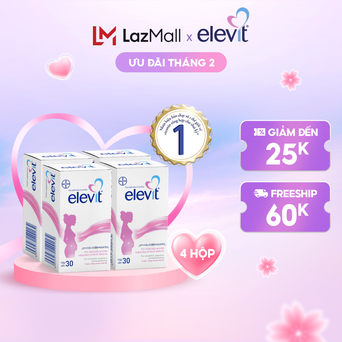 Bộ 4 Hộp Vitamin Bầu Tổng Hợp Elevit Cho Phụ Nữ Trước Trong và Sau Thai Kỳ (30 Viên/ Hộp)