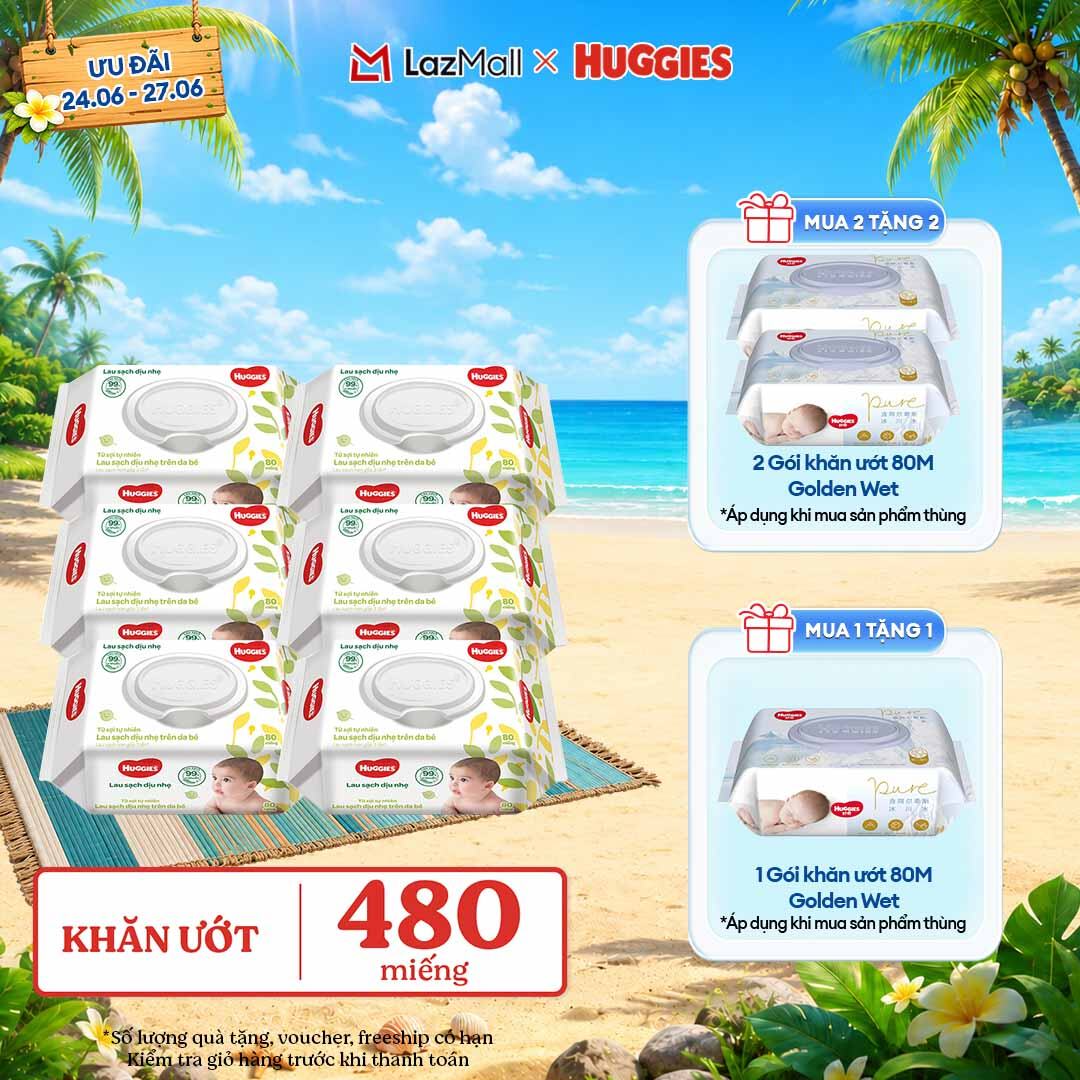 [Chỉ 25-29.06 GIẢM THÊM 90K] Combo 6 gói Khăn giấy ướt cho trẻ sơ sinh HUGGIES 80 miếng không mùi