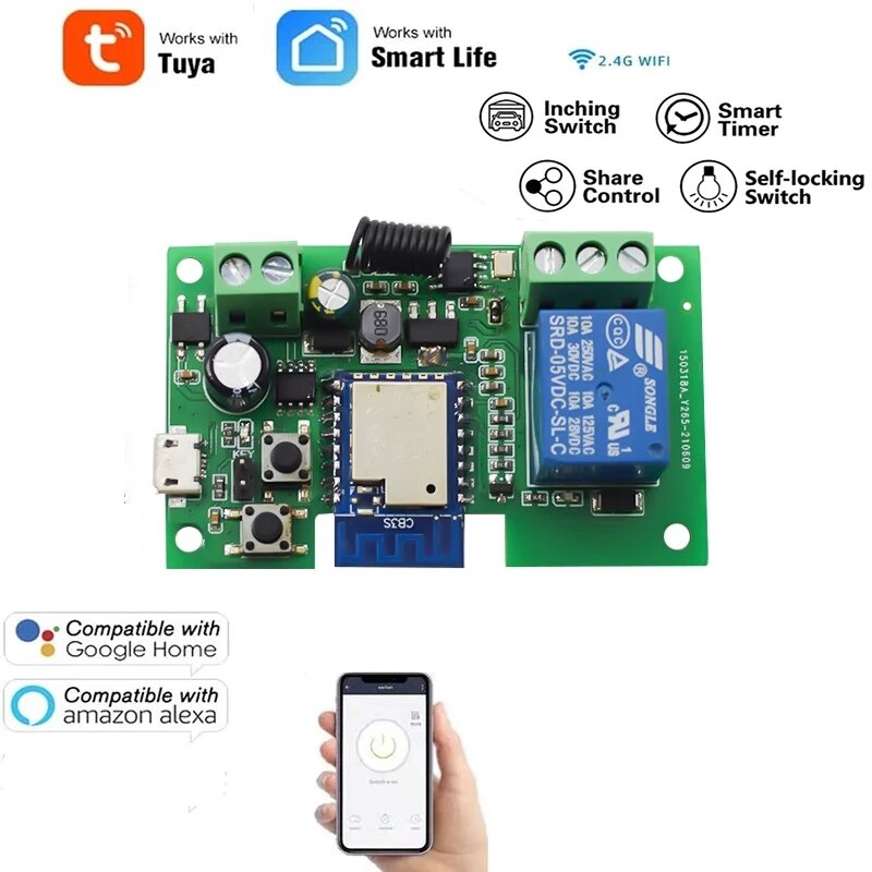 Module điều khiển Tuya (12V 24V 1CH Wifi+RF) mở khoá cổng, cửa, khoá nam châm điện RFID qua điện thoại