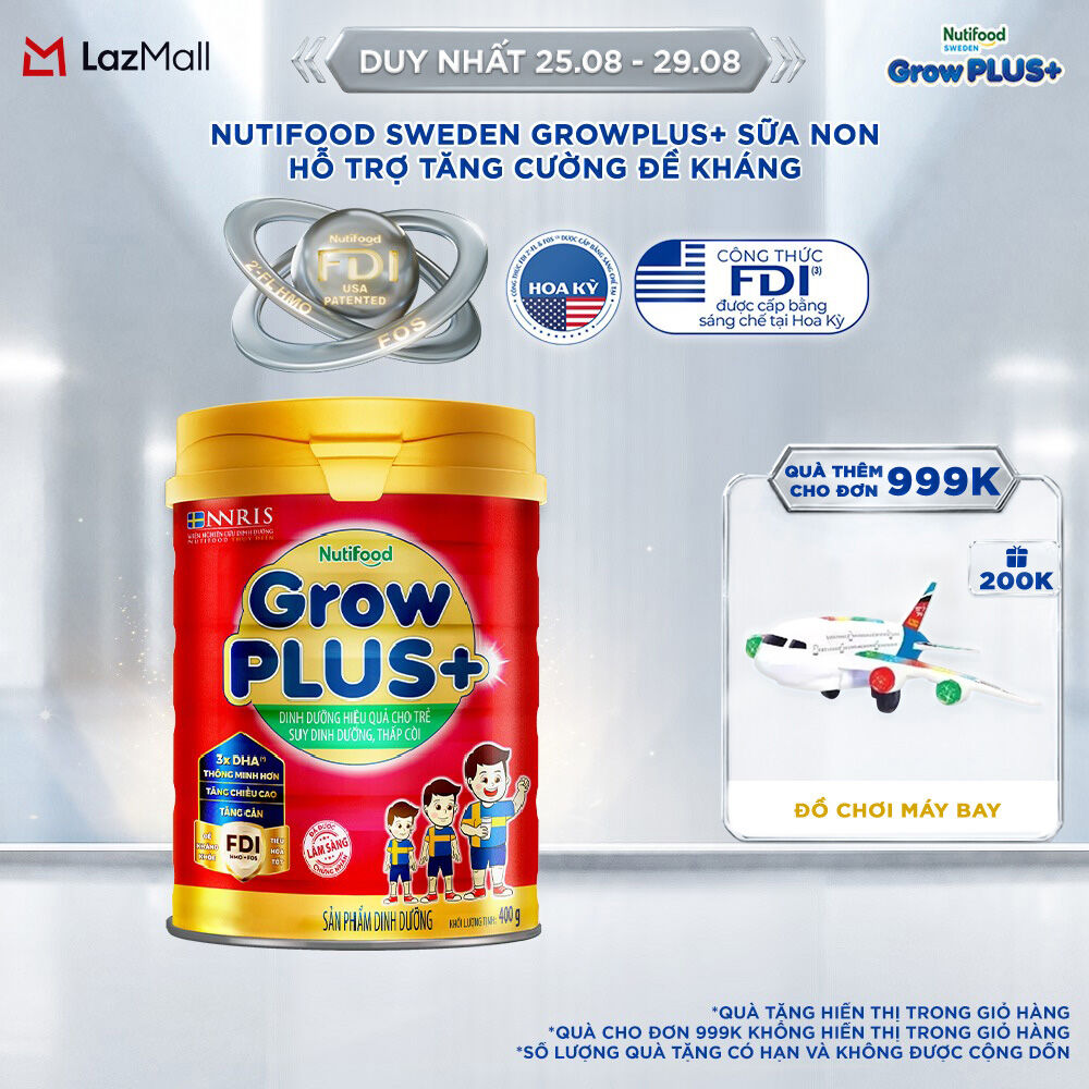 Sữa Bột Nutifood GrowPLUS+ Suy Dinh Dưỡng 400g - Hỗ Trợ Tăng Cân, Tăng Chiều Cao (Lon 400g)