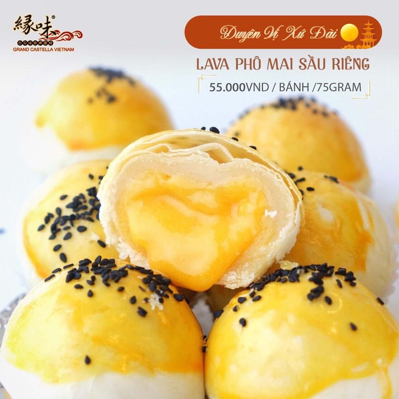 Bánh trung thu grand castella 2022 - bánh lava phô mai sầu riêng duyên vị xứ đài - giao hàng nhanh toàn quốc
