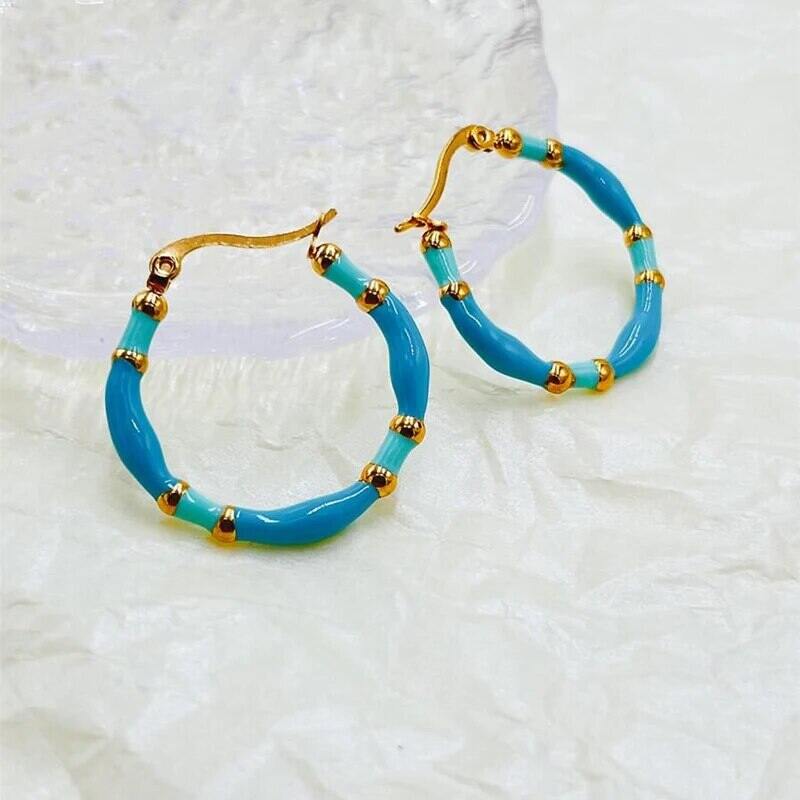 Bông tai Epoxy hợp thời trang dành cho nữ với nhiều màu tùy chọn Màu xanh ngọc lam Vàng Thiết kế tre Màu hồng Bông tai vòng bằng kim loại đồng Fuchsua