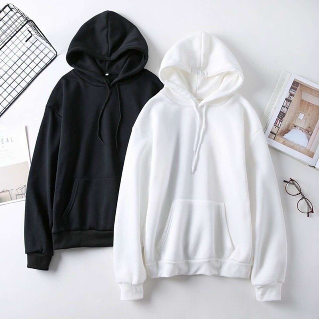 Freeship áo khoác hoodie nỉ có mũ form rộng trơn đen trắng unisex nam nữ
