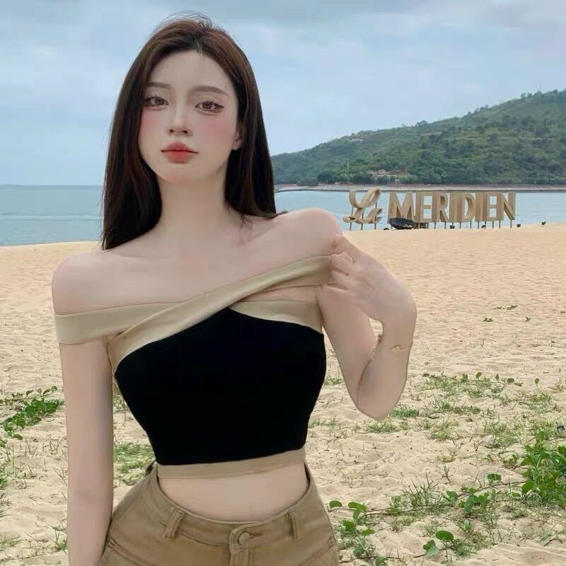 ÁO CROPTOP KIỂU CHÉO CỔ VIỀN MÀU