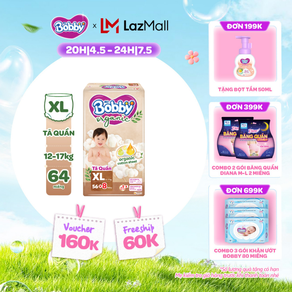 [CHỈ 20h 04-07.05 QT Đơn 899K/1199K][MỚI RA MẮT] [TẶNG KÈM 8 MIẾNG] Tã quần cao cấp Bobby Organic chăm sóc dịu nhẹ từ thiên nhiên XL56
