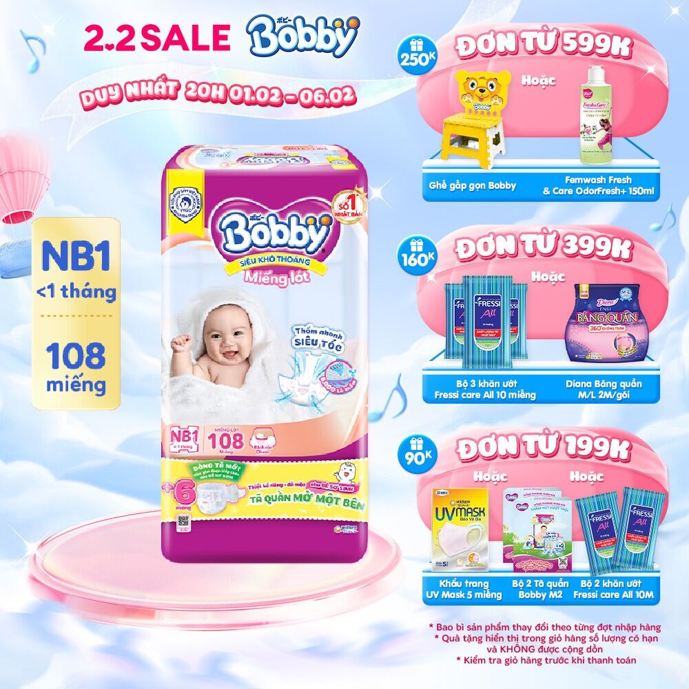 Miếng lót sơ sinh Bobby Newborn NB1 - 108 miếng - Siêu thấm khô thoáng (Tặng thêm 6 miếng Tã Quần Mở