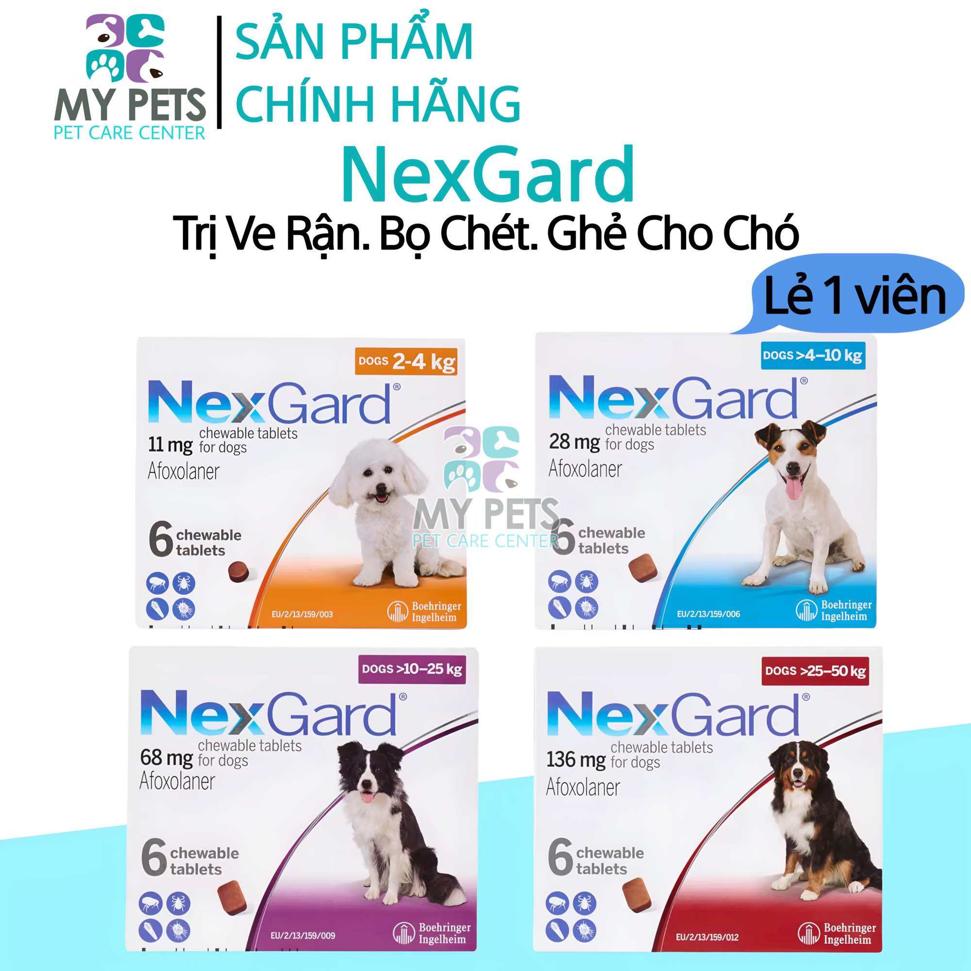 (Lẻ 1 viên - Không hộp) NEXGARD viên nhai ve ghẻ bọ chét cho chó (1 tablet - No Box)