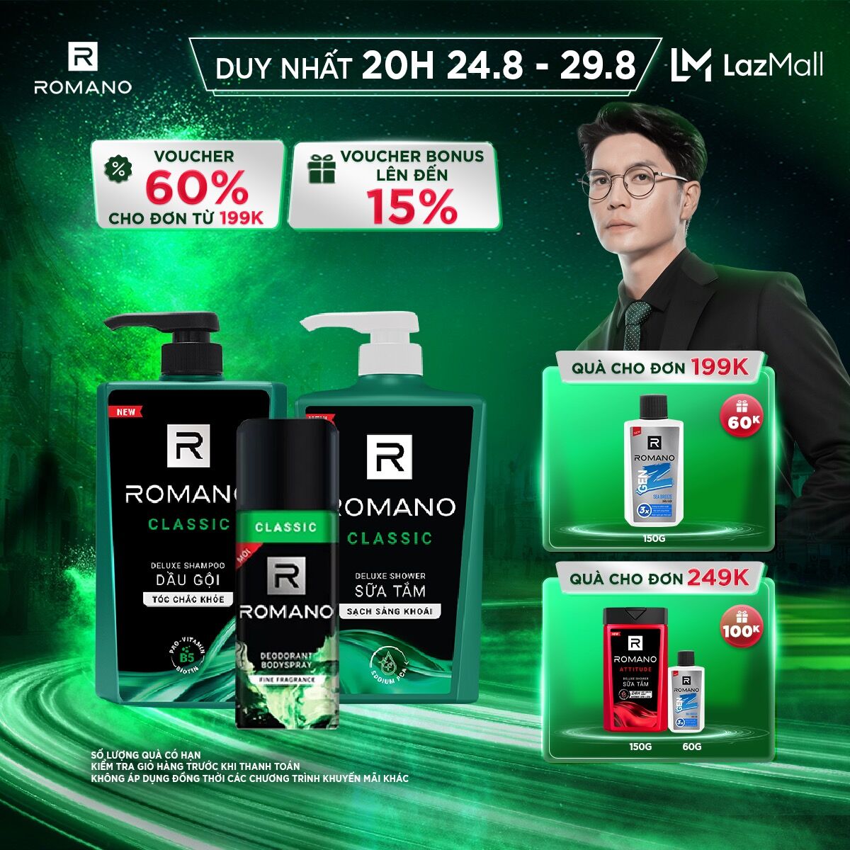 Combo romano classic gồm dầu gội & sữa tắm hương nước hoa 650g + xịt khử mùi 150ml