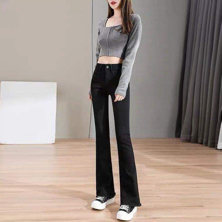 Quần cạp cao quần cạp cao chín tấc tôn dáng gầy cạp cao mẫu mới năm 202 mùa thu cho nữ quần cạp cao co giãn 2 màu đen dsc hơi loe