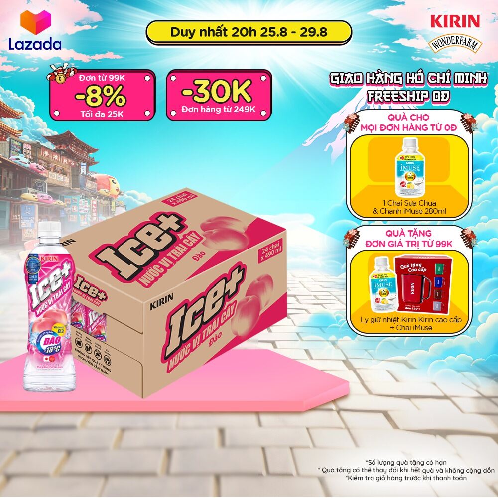 [duy nhất 20h 24-29.08 | đơn từ 99k tặng quà - giao hàng toàn quốc thùng 24 chai nước vị trái cây kirin ice+ - đào 490ml