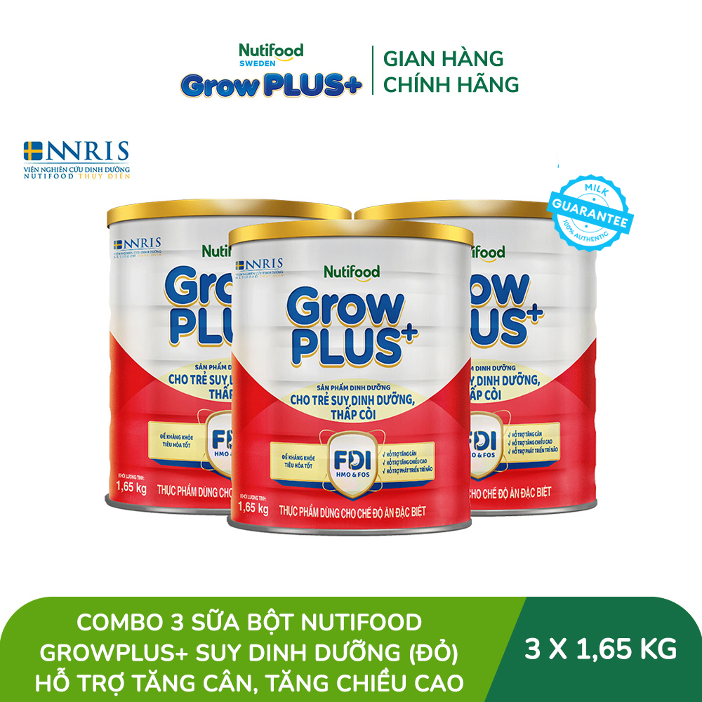 Combo 3 Sữa bột Nutifood GrowPLUS+ Suy Dinh Dưỡng (Đỏ) - Hỗ Trợ Tăng Cân, Tăng Chiều Cao ( 3 Lon 1,65 Kg)