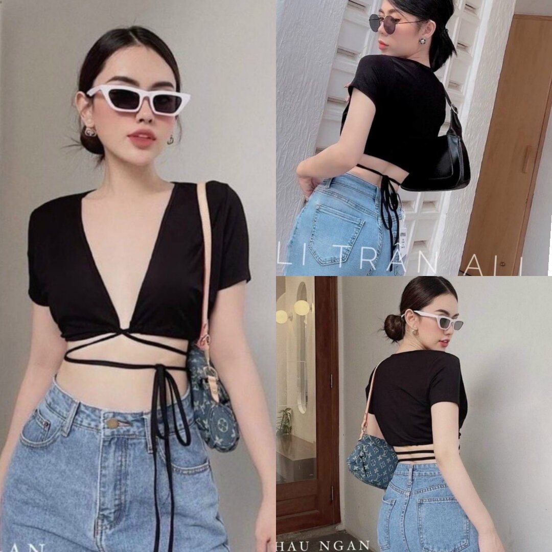 Áo Đắp Chéo Dây Quấn Eo Tay Ngắn Sexy