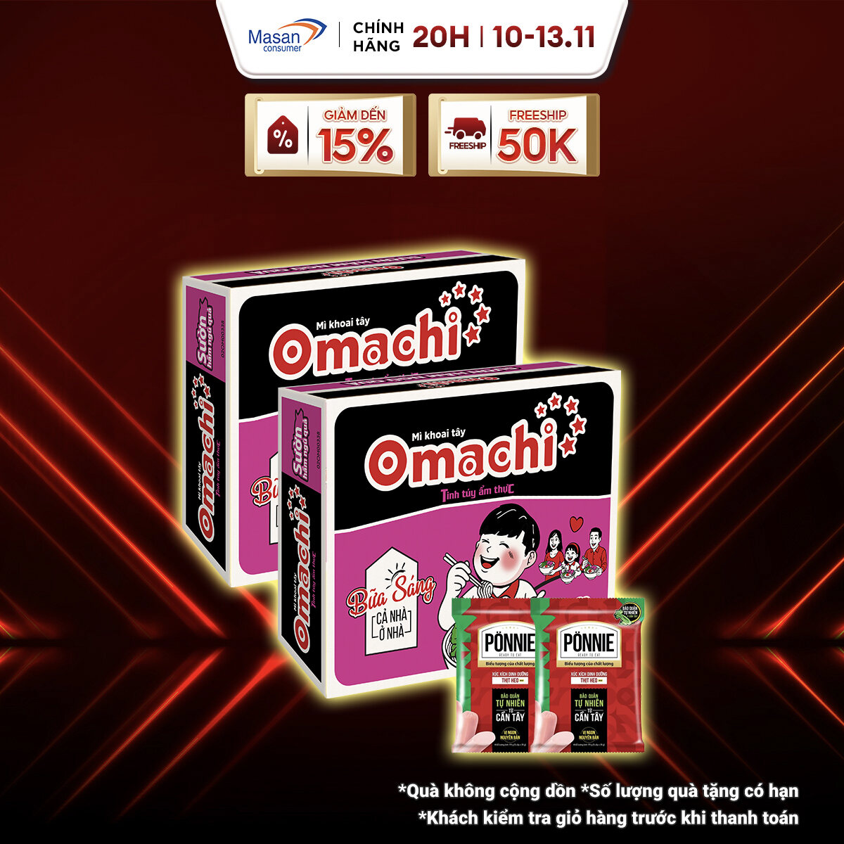 Combo 2 Thùng Omachi Sườn Hầm Ngũ Quả Gói 80G + 2 Xúc Xích Tiệt Trùng Ponnie Vị Heo 70G