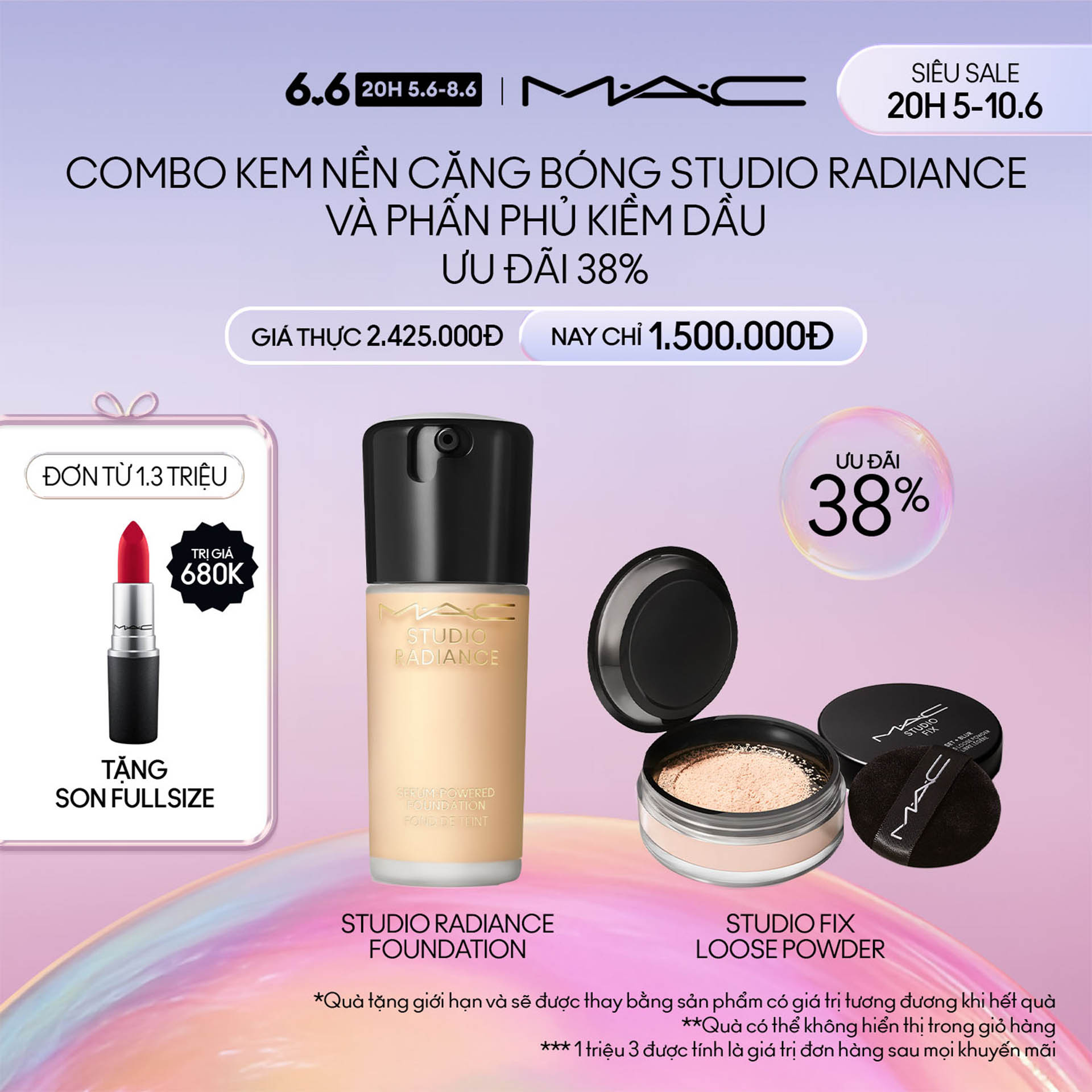 [ĐỘC QUYỀN 20H 5-10.6] MAC - Bộ 2 món: Kem Nền Studio Radiance Serum-Powered Foundation - 30ml, MAC Studio Fix Weightless Loose/Kem nền lỏng với Hyaluronic Acid dành cho da  thường, nhạy cảm và da dầu - lớp nền bền màu, tạo hiệu ứng sáng