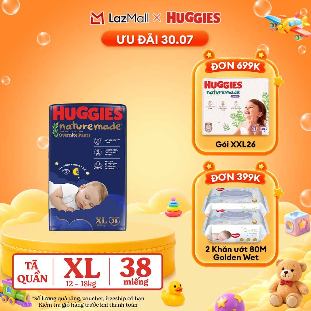[30.7 QUÀ TẶNG ĐƠN 399K] Tã quần Huggies Naturemade ban đêm XL38