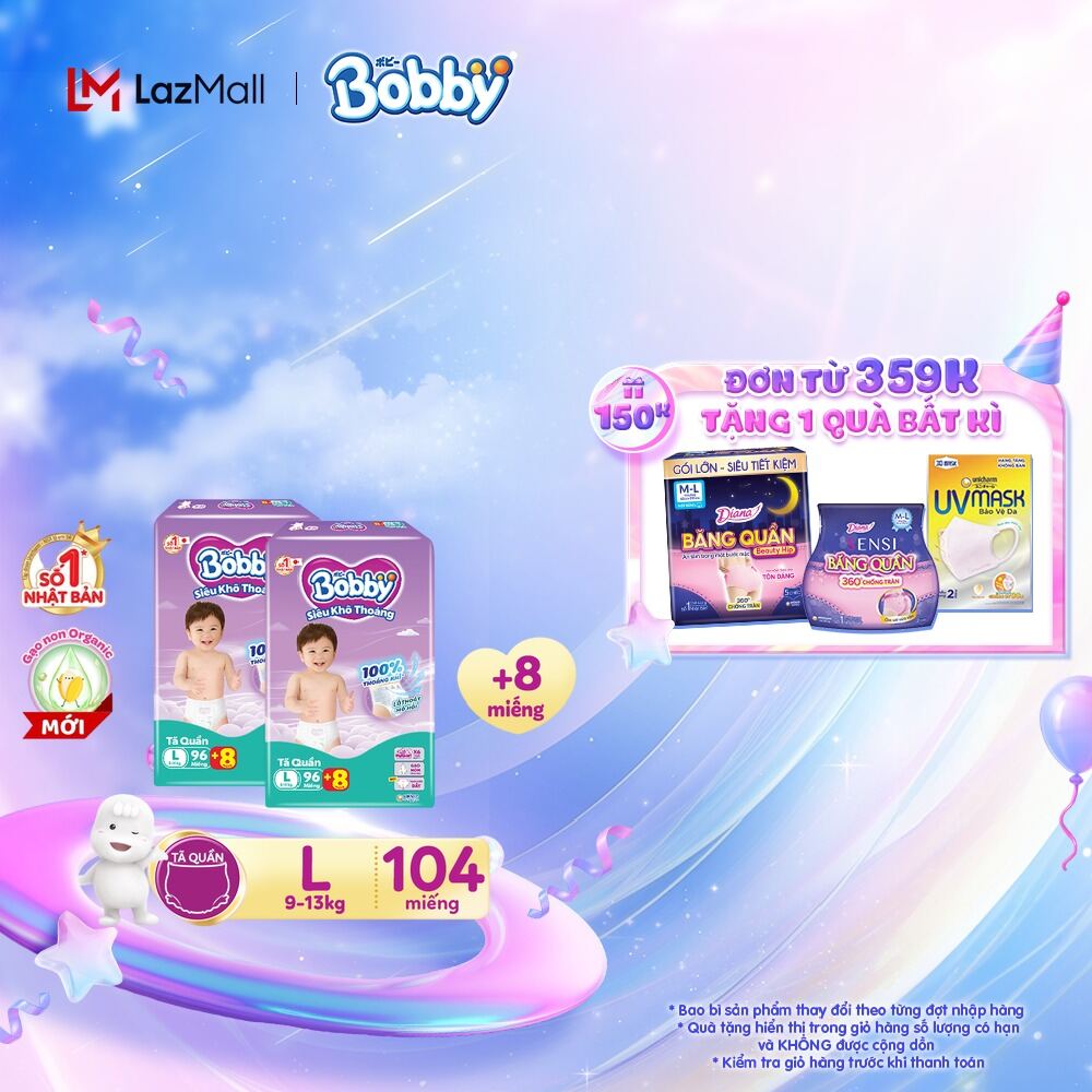 Combo 2 Tã/bỉm quần Bobby 3mm Gạo non L96