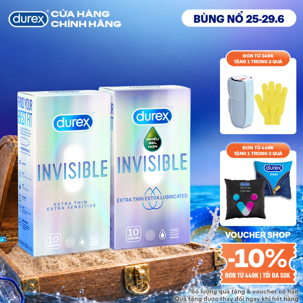 BỘ 1 HỘP BAO CAO SU siêu mỏng thêm bôi trơn DUREX INVISIBLE LUBRICATED và 1 HỘP DUREX INVISIBLE EXTRA THIN EXTRA SENSITIVE (52 mm, 10 bao/hộp)