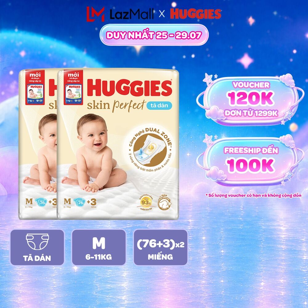 Combo 2 Tã/bỉm dánHuggies Skincare Super Jumbo M76+3/L68/XL60/XXL54