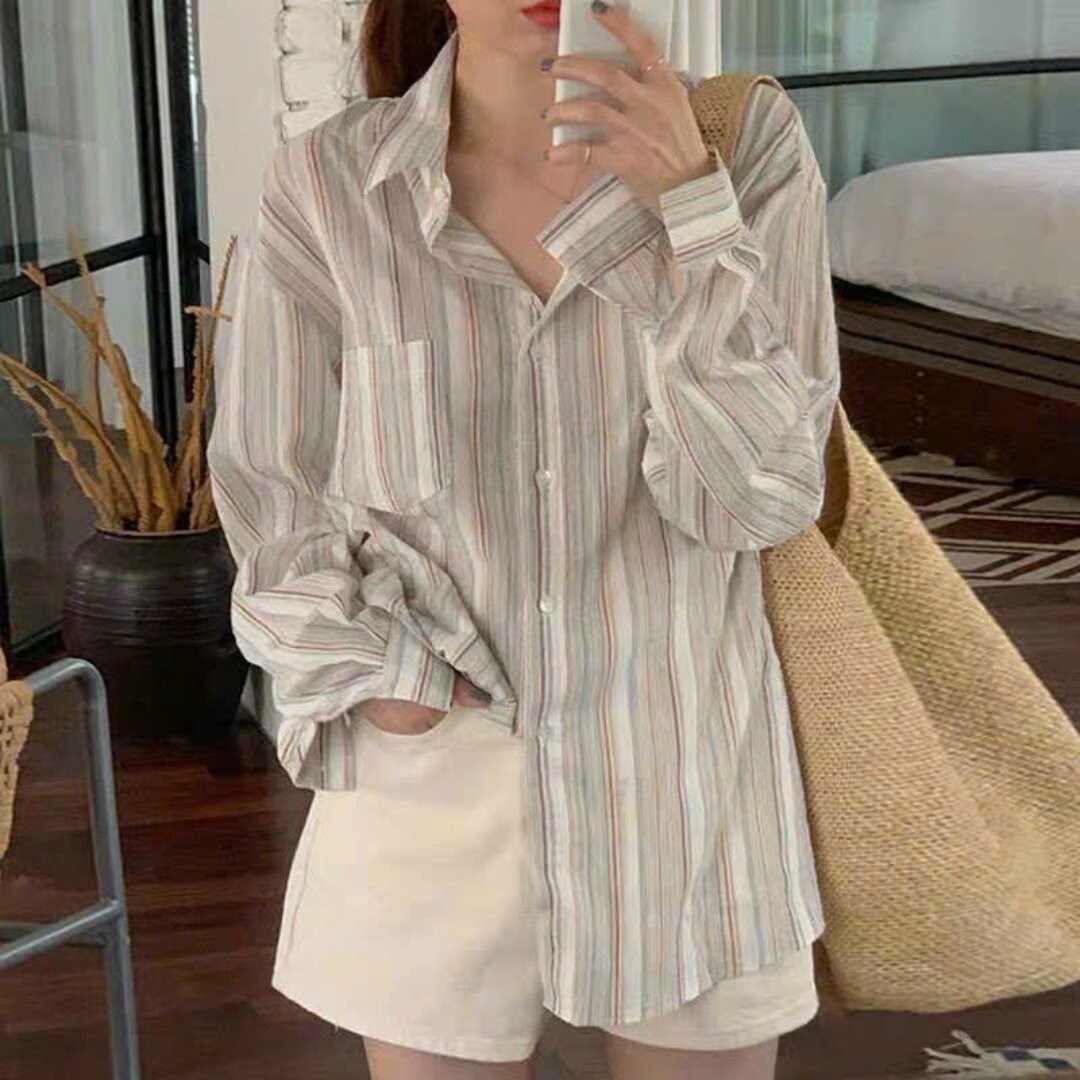 áo sơ mi oversize kẻ sọc chất thô đũi hàn quốc