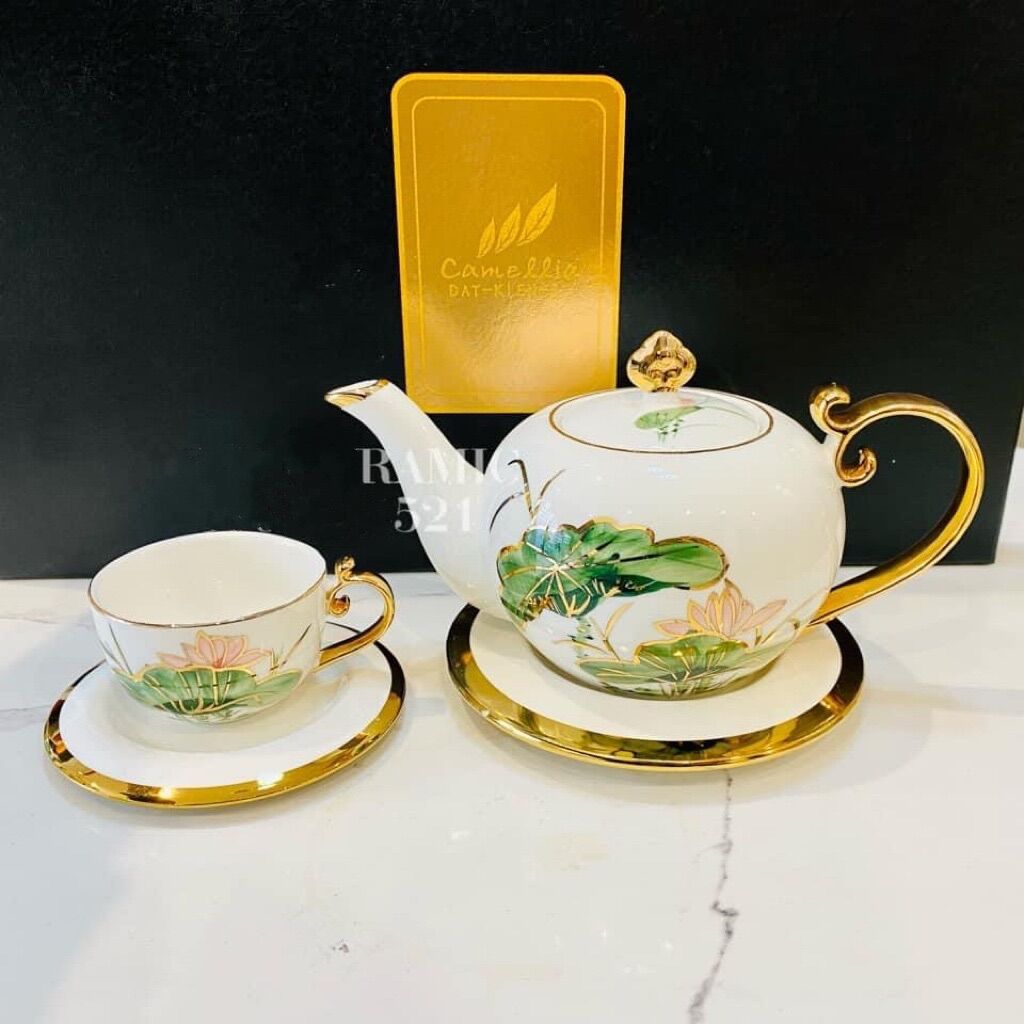 Bộ ấm chén trà sứ hoa sen cao cấp