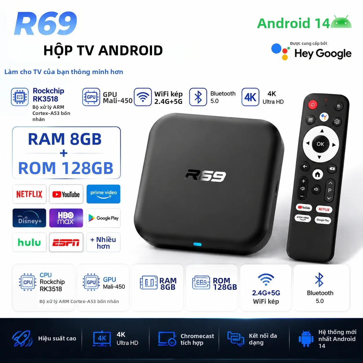 Hộp Tivi Thông Minh 2026 Android 14 R69-1 RK3518 8GB 128GB Media Player Wifi Kép 5G Wifi6 Google Assistant Video 8K BT5.0 Netflix