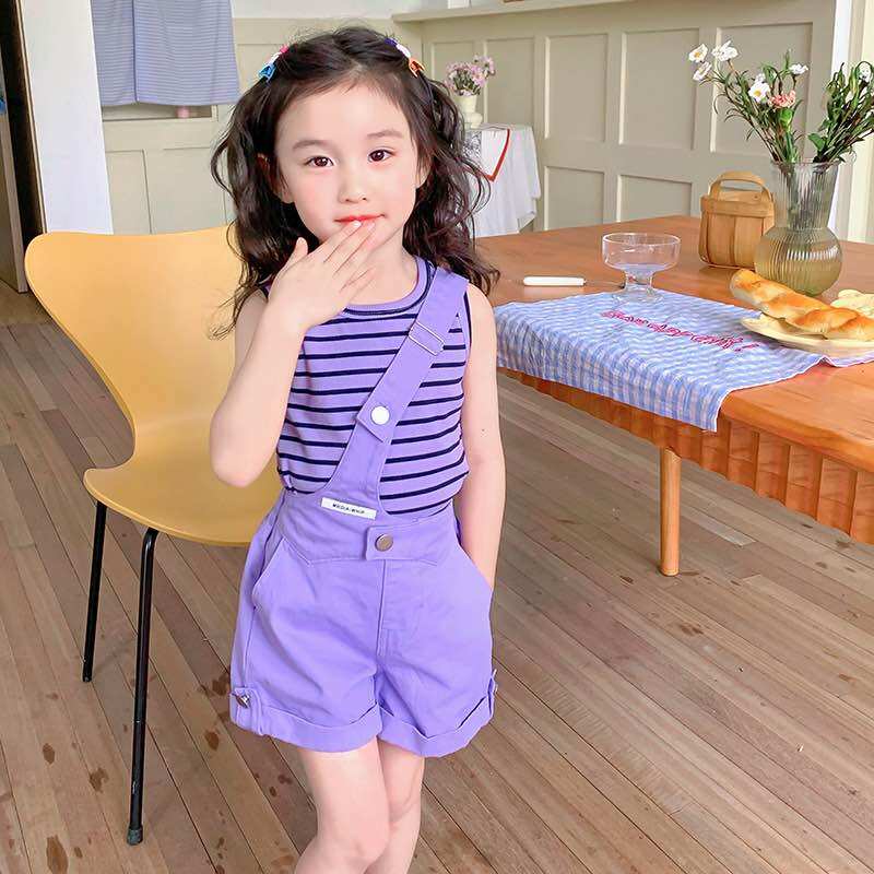 Sét bộ cho bé gái, quần short kiểu yếm + áo kẻ sọc tím mộng mơ 🥰
