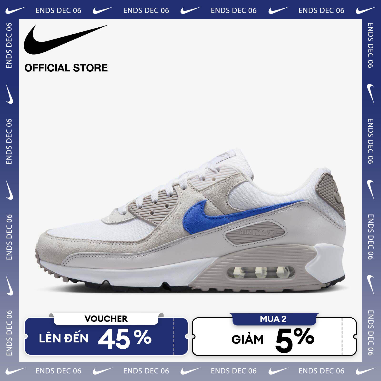  VOUCHER ĐẾN 45% + MUA 2 GIẢM 5%  Giày Nike Men's Air Max 90 Shoes - White 