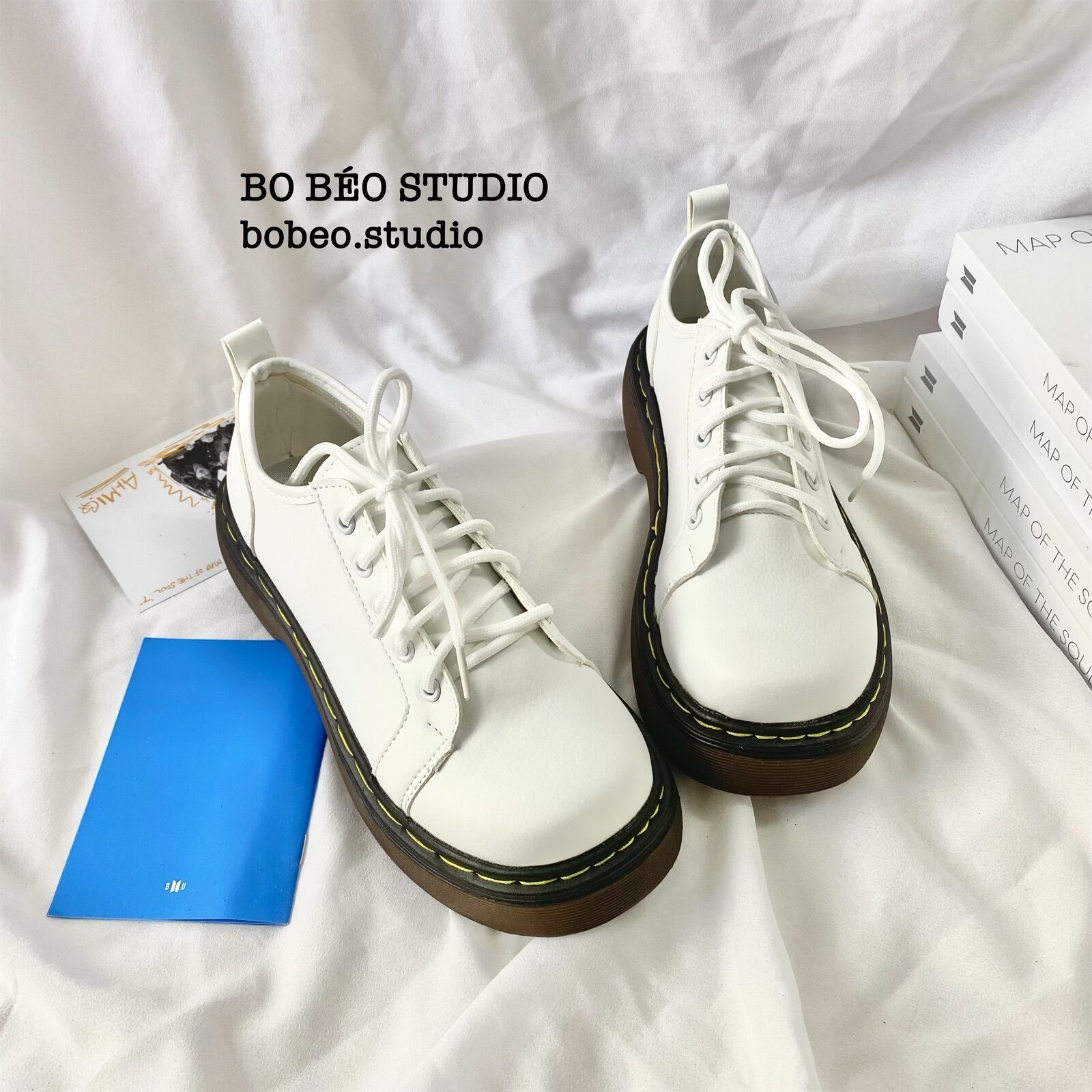Basic leather oxford shoes - giày ulzzang oxford màu trắng kem dáng basic đế nâu cao 3cm