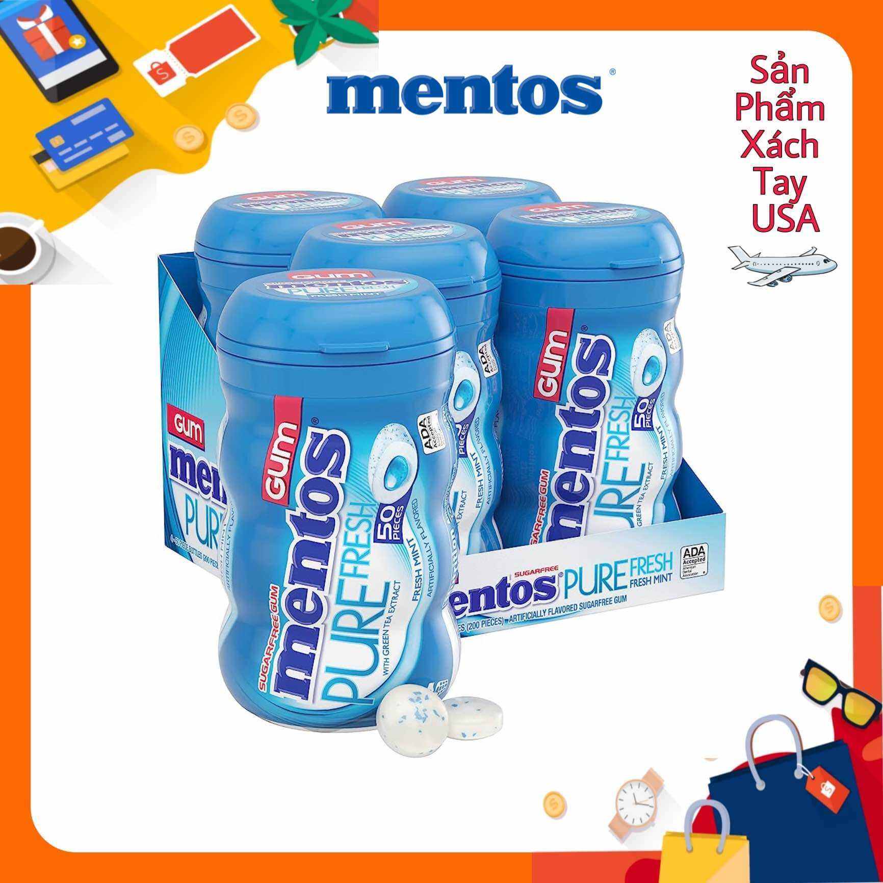 Kẹo ngậm không đường tinh khiết Mentos với Xylitol, Bạc hà tươi, 1 Chai 50 viên