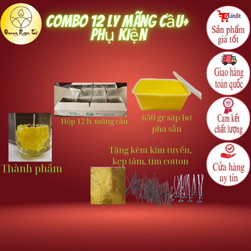 Combo 12 ly mãng cầu + 650gr sáp bơ pha sẵn + tim cotton bấm sẵn + kẹp tim, kim tuyến.