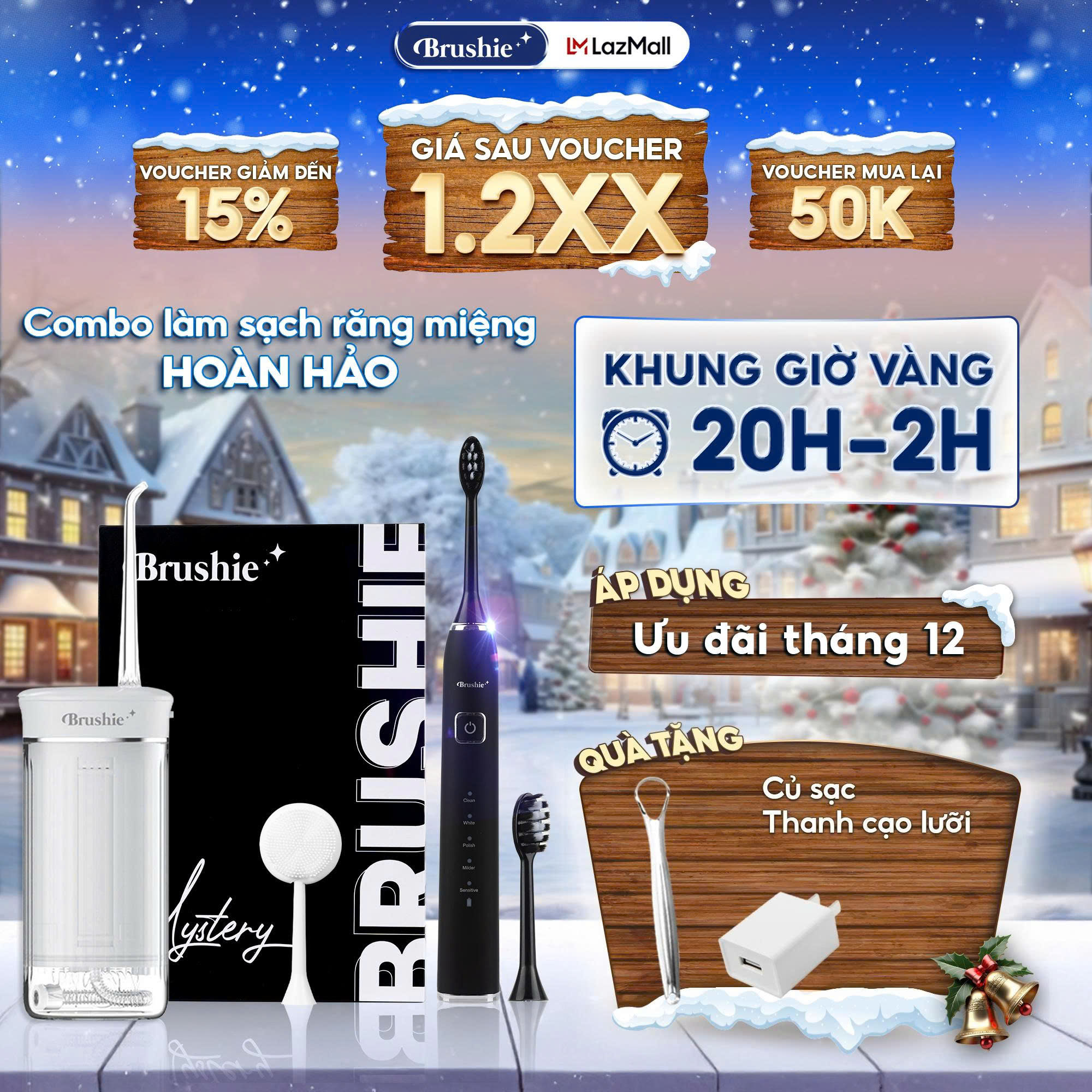  COMBO tăm nước cầm tay Brushie Super Sonic mini + bàn chải điện Brushie Ultra Plus hỗ trợ làm sạch răng miệng 