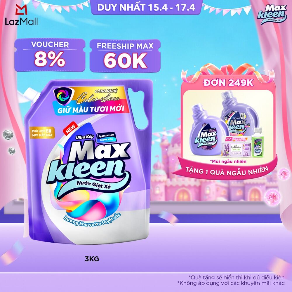 Túi Nước Giặt Xả MaxKleen Giữ Màu Tươi Mới Hương Khu Vườn Tuyệt Sắc 3kg/Túi
